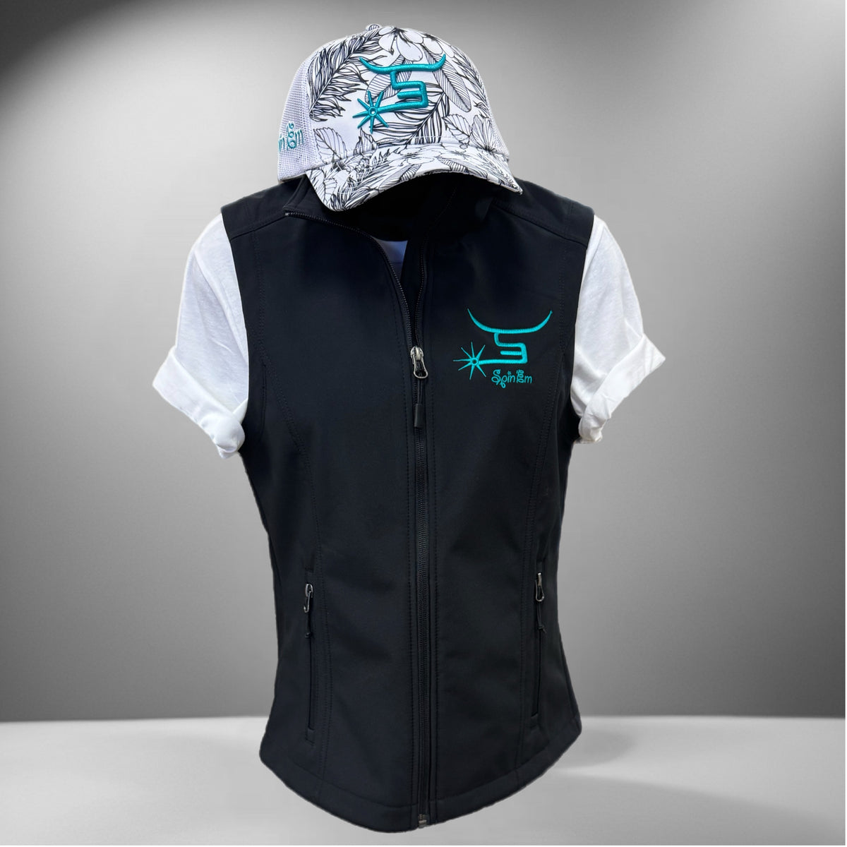 Ladies Black Vest Teal Logo – Spin Em Rodeo Co