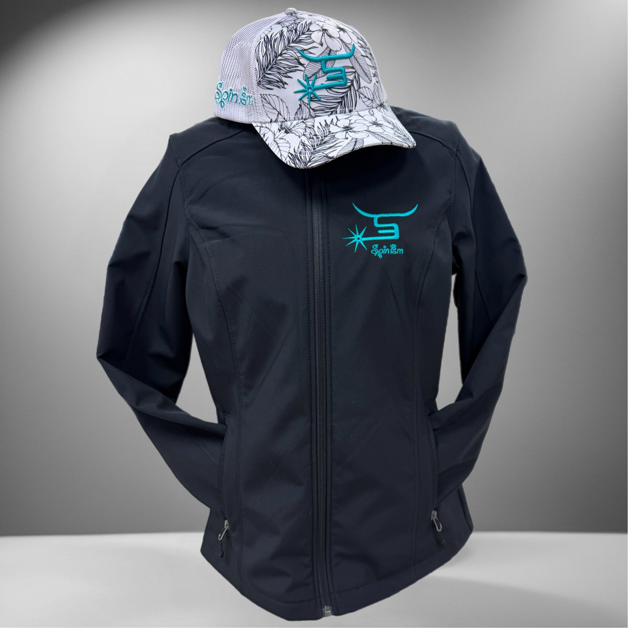 Ladies Black Jacket Teal Logo – Spin Em Rodeo Co
