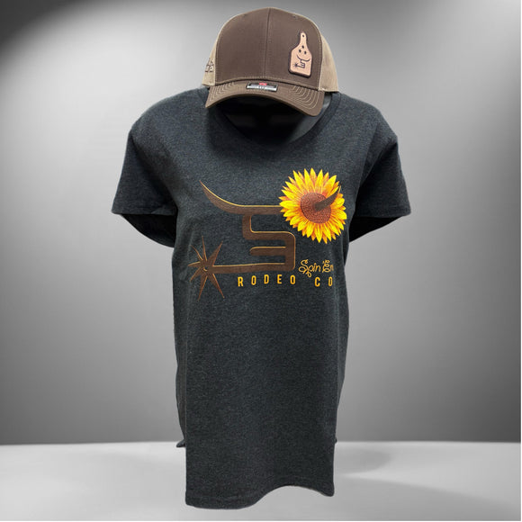 Ladies Black Sunflower V-Neck Tee