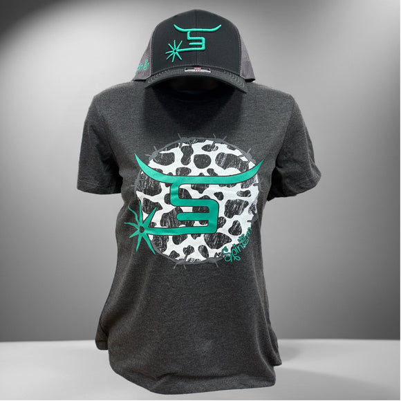 Ladies Heather Black Cow Print T-Shirt